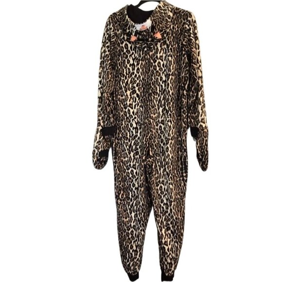 Nick Nora Leopard Print Adult Jumpsuit Pajamas Size L Hood Mittens Loungewear - Picture 3 of 12